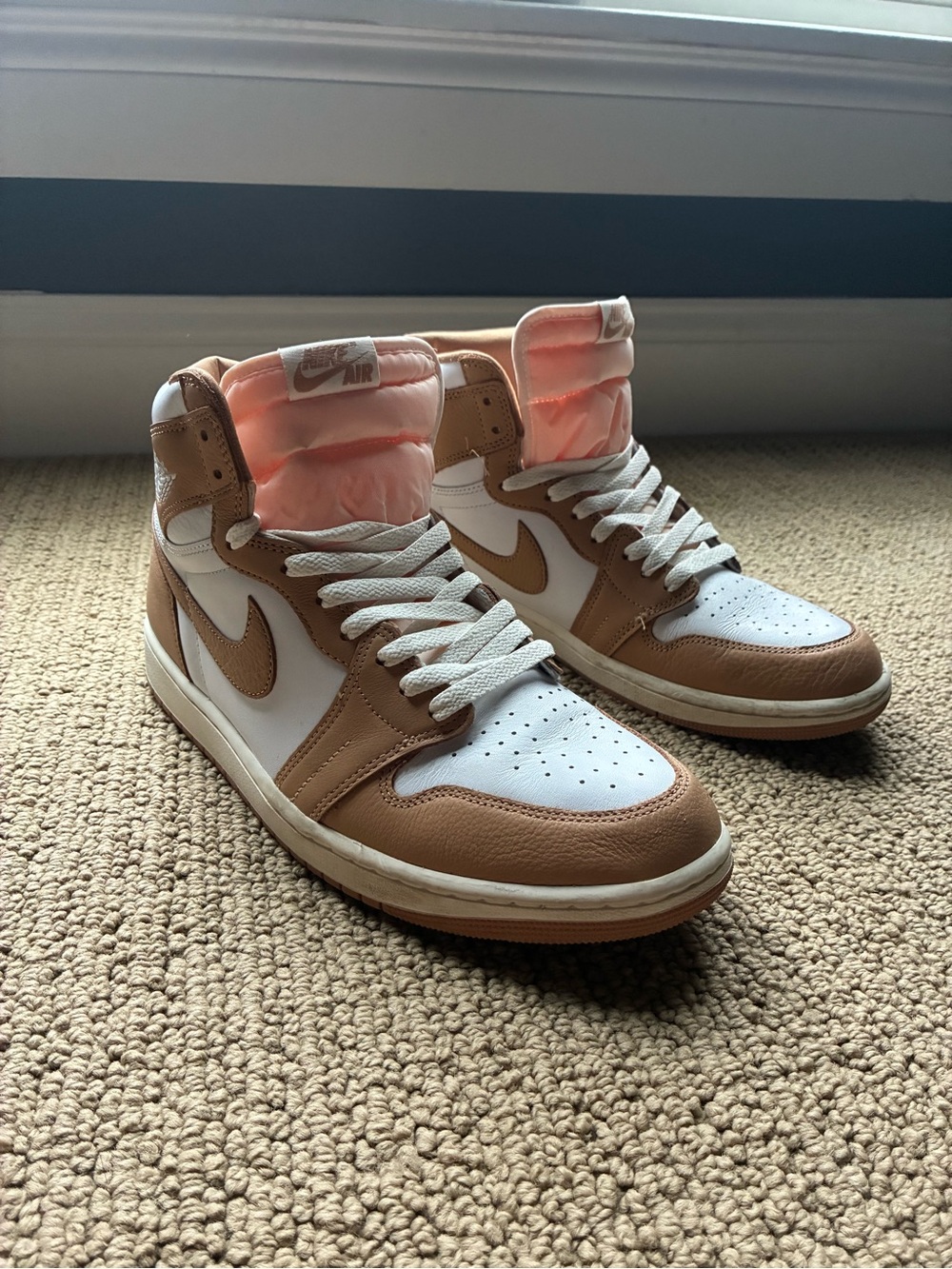 Nike High-Top Sneakers in White & Brown with Pink Tongue Accent